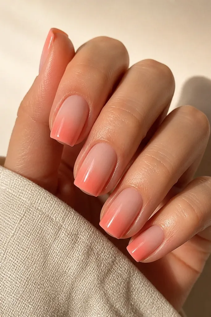 Five square nails: a milky nude base with a coral gradient that starts at the free edge, plus a thin glossy coral line at the very tip. Lighting shows a smooth, warm glow.