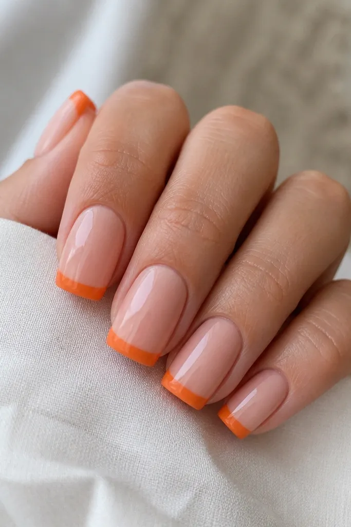 Square nails with a sheer pink base. The tips are painted tangerine in a straight French line, with a glossy finish and no extra art.