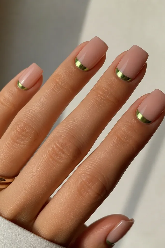 Square nails with a nude base. At the cuticle area, a lime green chrome half-moon sits like a crescent, glossy and reflective.