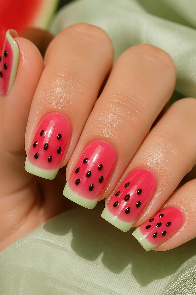 Square nails painted in watermelon colors: pink/red top, pale green rind at the sides, and tiny black glossy seed dots near the center. A glossy finish makes the seeds look raised.