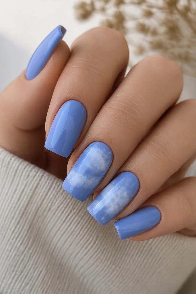 Square nails with cornflower blue base. White swirl lines create a cloud effect across two accent nails, with the rest solid blue.