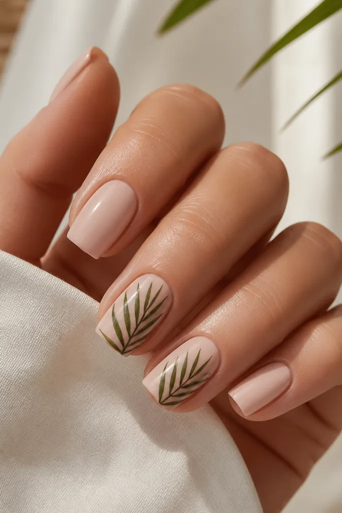 Square nails with milky nude base. One or two nails have green palm leaf lines fanning outward, outlined cleanly and glossy.