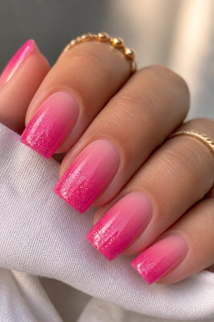 Square nails in hot pink shimmer. The shimmer is strongest at the tips and fades softer toward the cuticle, with a glassy top coat.