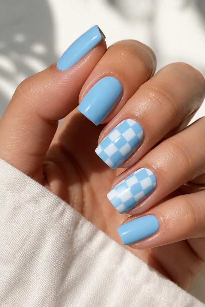 Square nails painted sky blue. On two accent nails, diagonal white checker squares angle across the nail, crisp and evenly spaced.