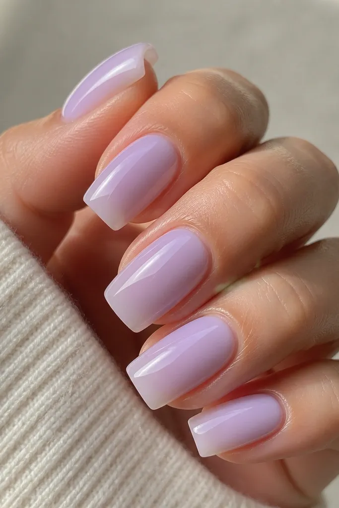 Square nails in a milky lavender shade, semi-sheer and glowing. No art, just a high-gloss finish that reflects light smoothly.