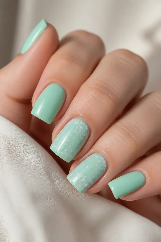 Square nails in mint green. On the accent nails, tiny white and pale blue dot clusters look like soda bubbles, with a glossy finish.