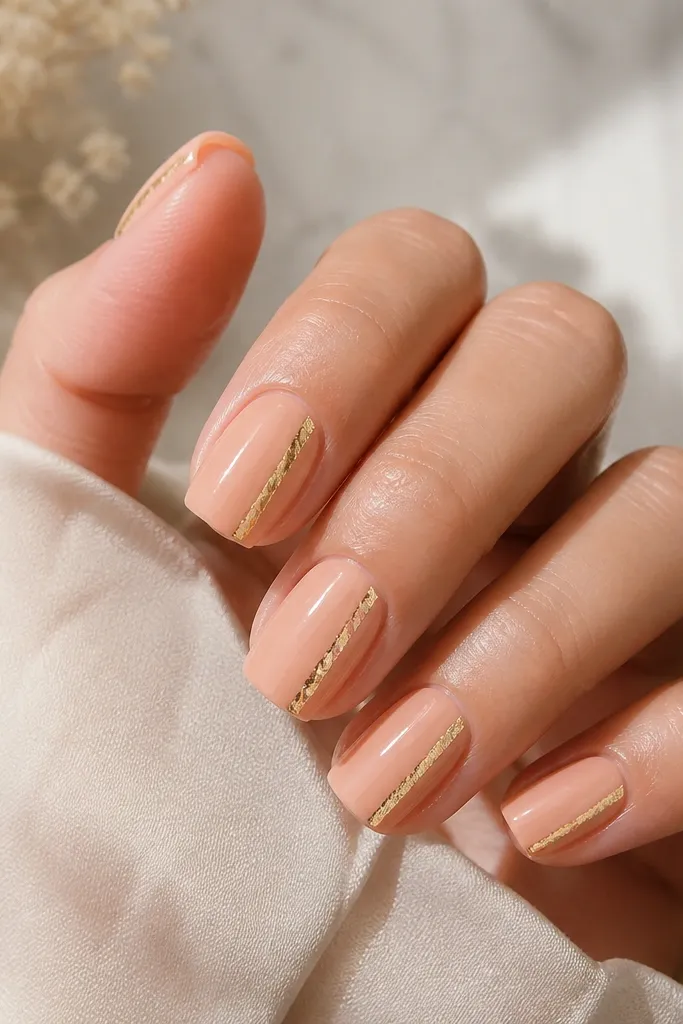 Square nails in peachy nude. A thin gold foil strip runs along one side of the nail near the tip, glossy and slightly crinkled.