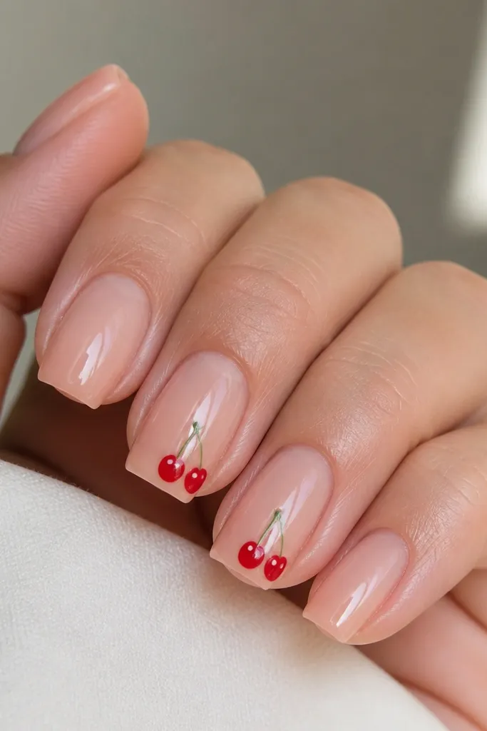 Square nails with a clear or sheer nude base showing the natural nail. At the tip, red cherry shapes appear with tiny white highlights and small stems on two nails.