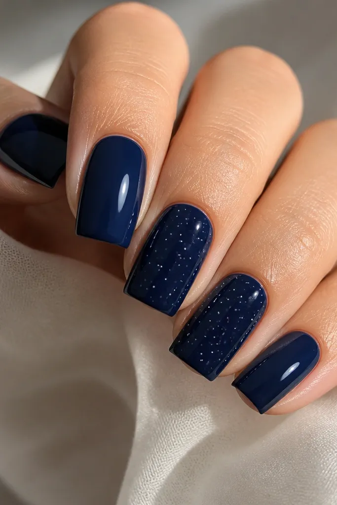 Square nails painted deep navy. Scattered tiny white star dots appear across two nails, with a glossy finish like wet ink.