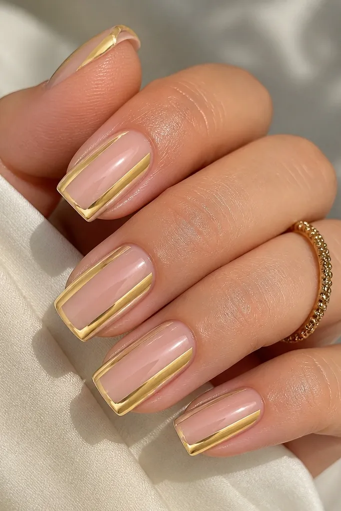 Square nails with yellow butter chrome across the sides and tip, leaving a nude vertical stripe down the center of each nail. Glossy and reflective chrome.