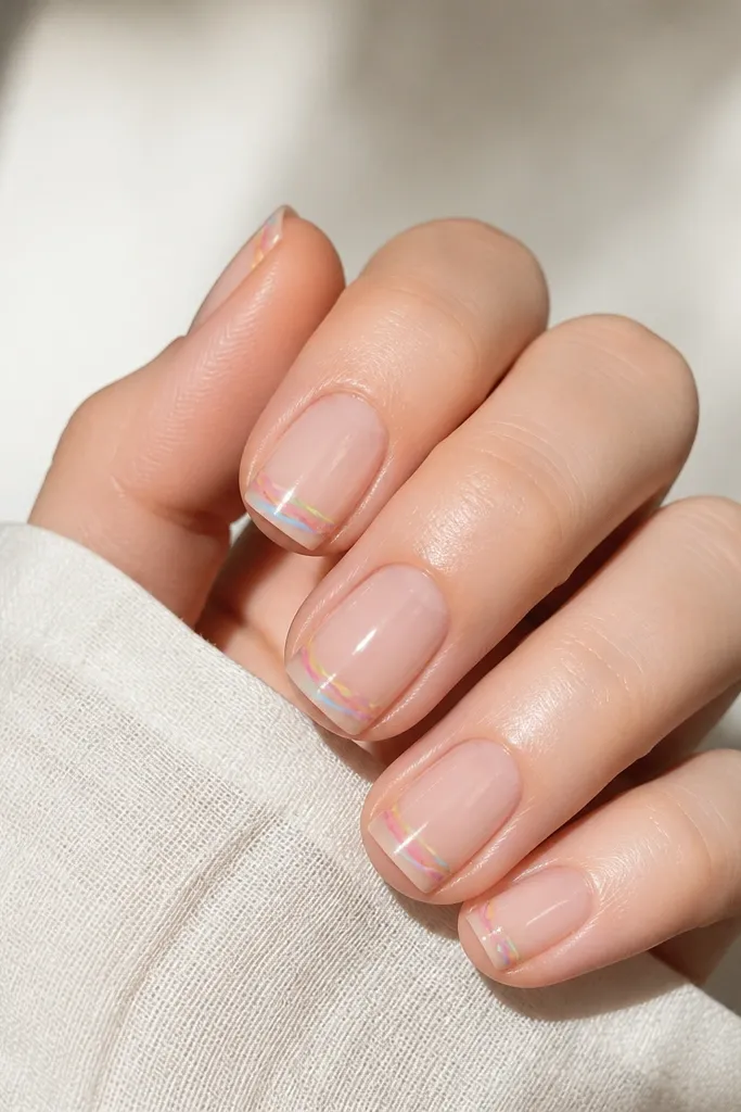 Square nails with a clear or glassy nude base. Tiny pastel rainbow micro-lines (pink, yellow, mint, blue) sit near the tip like thin confetti strokes.
