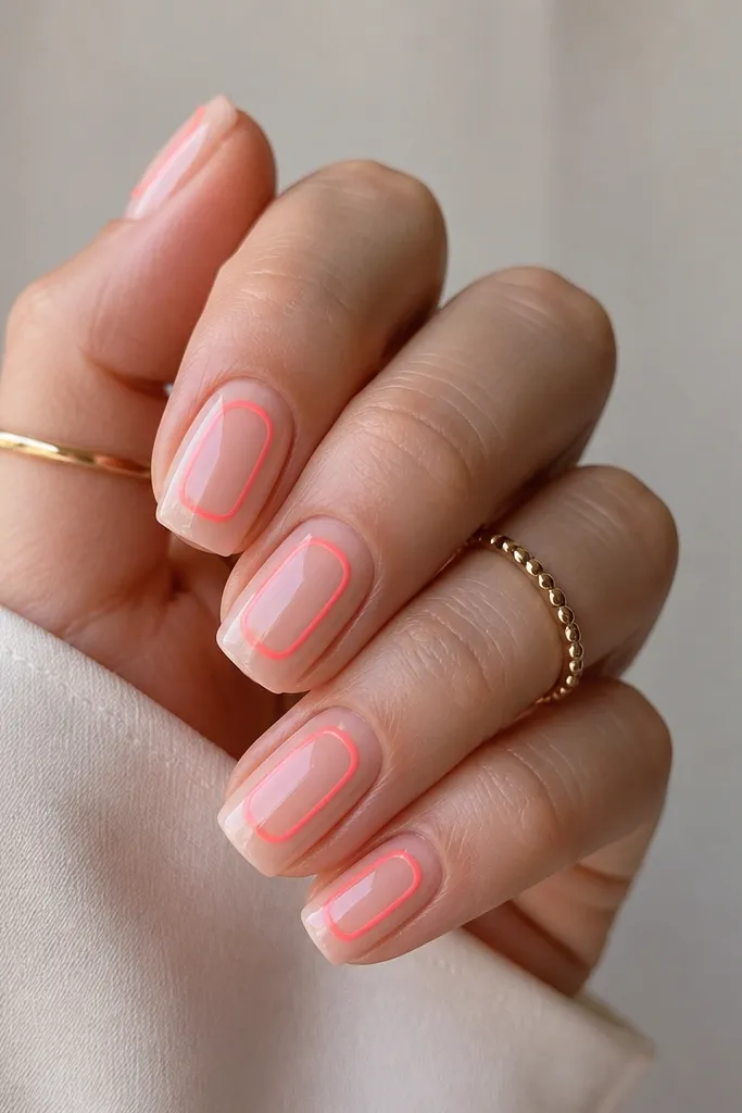 Square nails in milky nude. A neon coral outline traces a simple shape at the center - like a rounded rectangle border - with glossy finish.