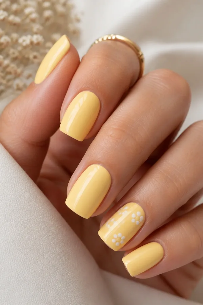 Square nails painted butter yellow. On two accent nails, white dot clusters form a small flower-like grouping, all glossy.