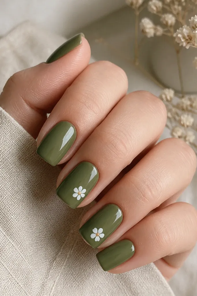 Square nails painted olive green. Two nails have tiny white five-petal flowers with a small yellow center dot, glossy finish.