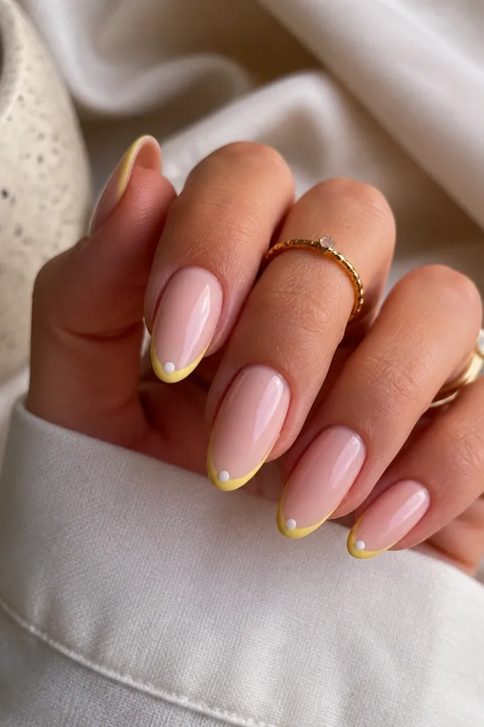 Almond nails with a sheer pink base and a thin curved micro-French line in bright lemon yellow at the tip; tiny white dots sit at the line's ends on two nails.