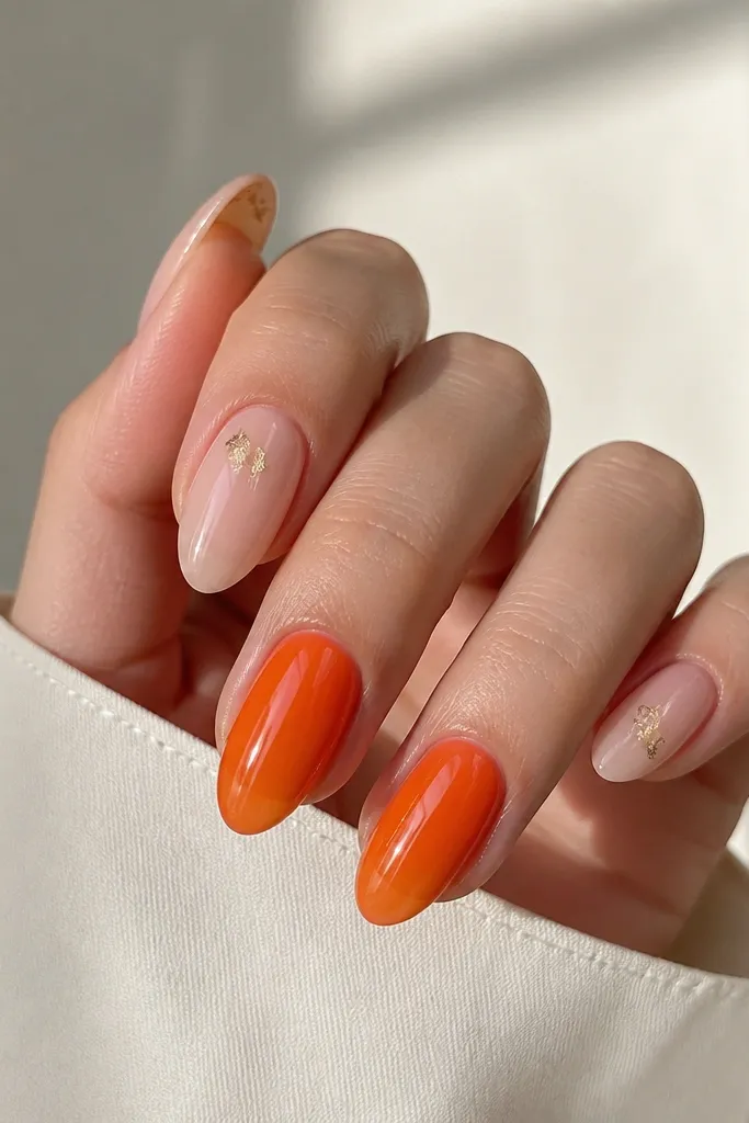 Almond nails with a glossy clear jelly base on two nails in tangerine orange; the other nails are sheer nude with a tiny gold foil fleck near the tip.