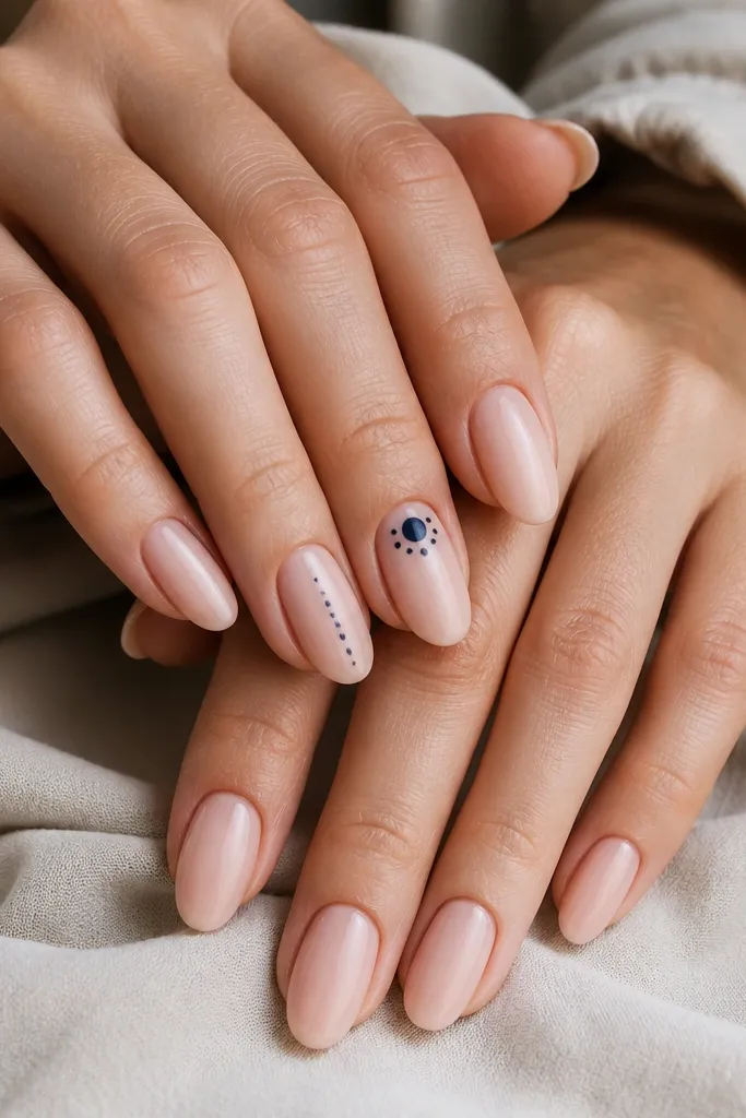 Sheer nude almond nails with a small cluster of tiny deep purple dots and one larger blueberry dot on the ring finger near the cuticle; one accent nail has a single dot line.