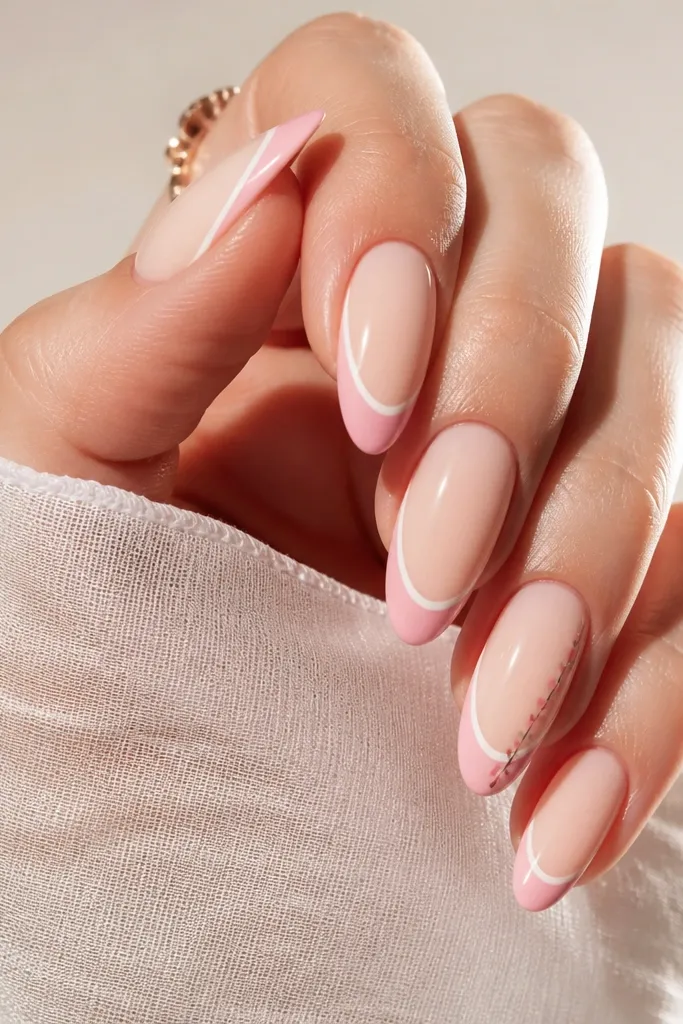 Almond nails with a creamy nude base; French tips in pale strawberry pink with a soft white inner curve; one nail has a tiny strawberry seed dot line.
