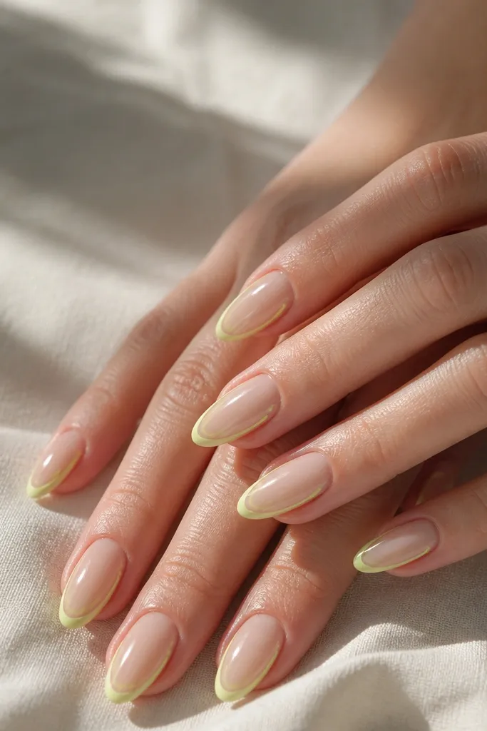 Sheer nude almond nails with a thin chartreuse lime outline tracing the almond tip and a small curved line near the sidewalls; two nails have a lime dot at the center tip.
