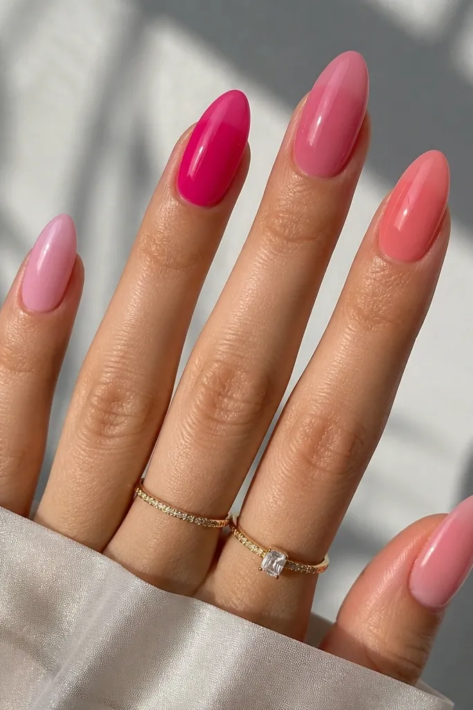 Five almond nails each with a different pink jelly shade: bubblegum, hot pink, rose, coral-pink, and soft pink; glossy and slightly translucent.