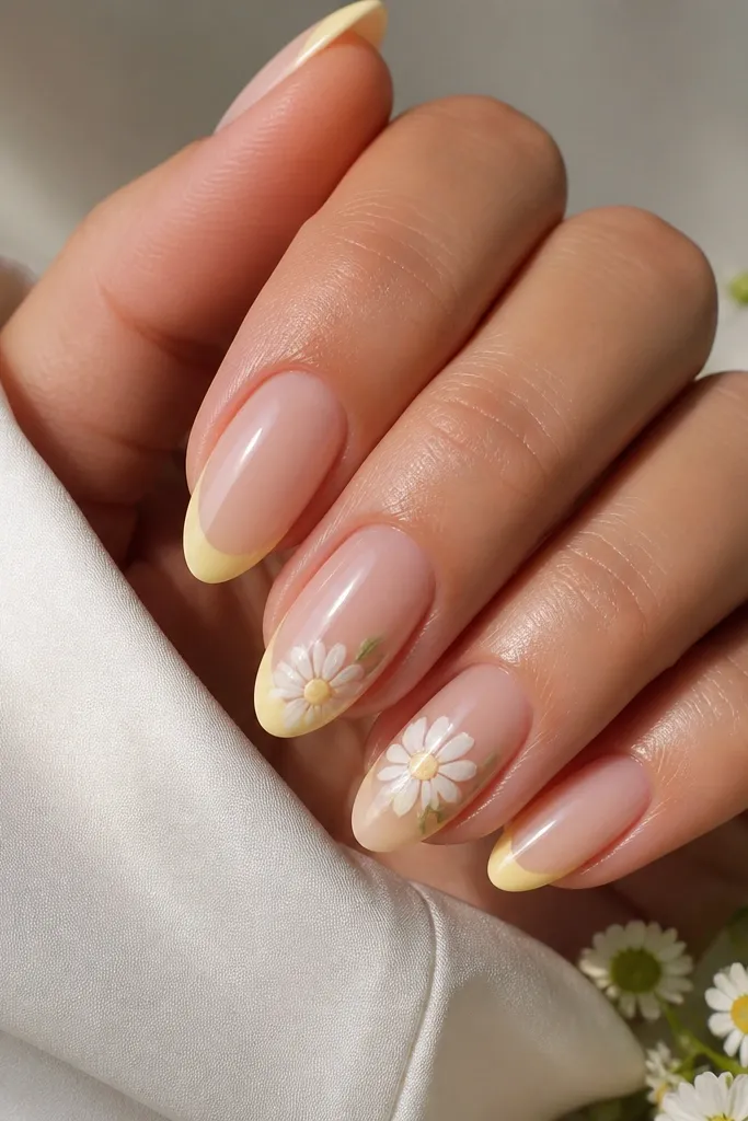 Nude almond nails with soft yellow tips; one or two nails have a hand-painted white daisy with a yellow center and tiny green leaves.