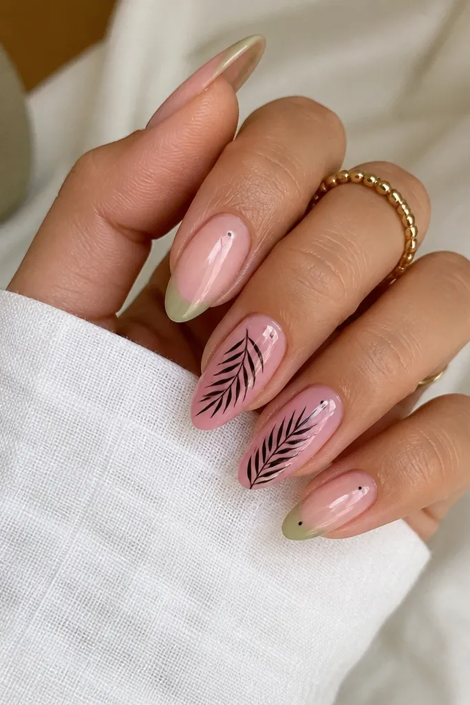 Sheer pink almond nails with thin black palm frond line art on two nails; other nails have a faint green wash at the tip and a single tiny dot.