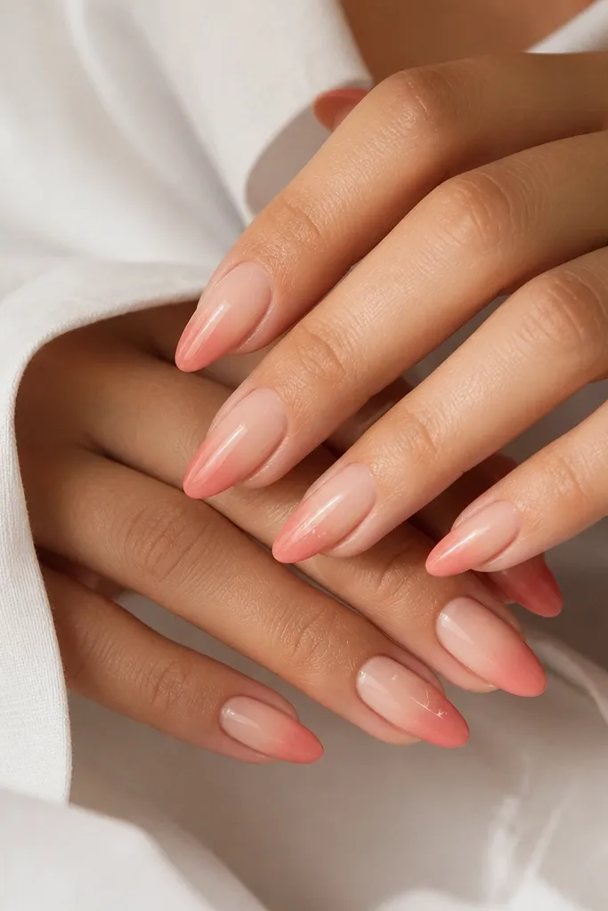 Almond nails with a gradient from peachy coral at the tip to pale nude at the base; a few tiny white star dots near the top on two nails.