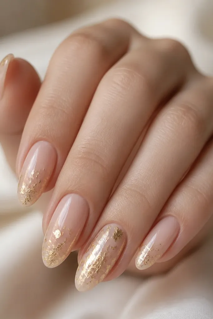 Sheer nude almond nails with gold foil flakes concentrated near the tip; a few flakes are larger on the ring finger; glossy finish.