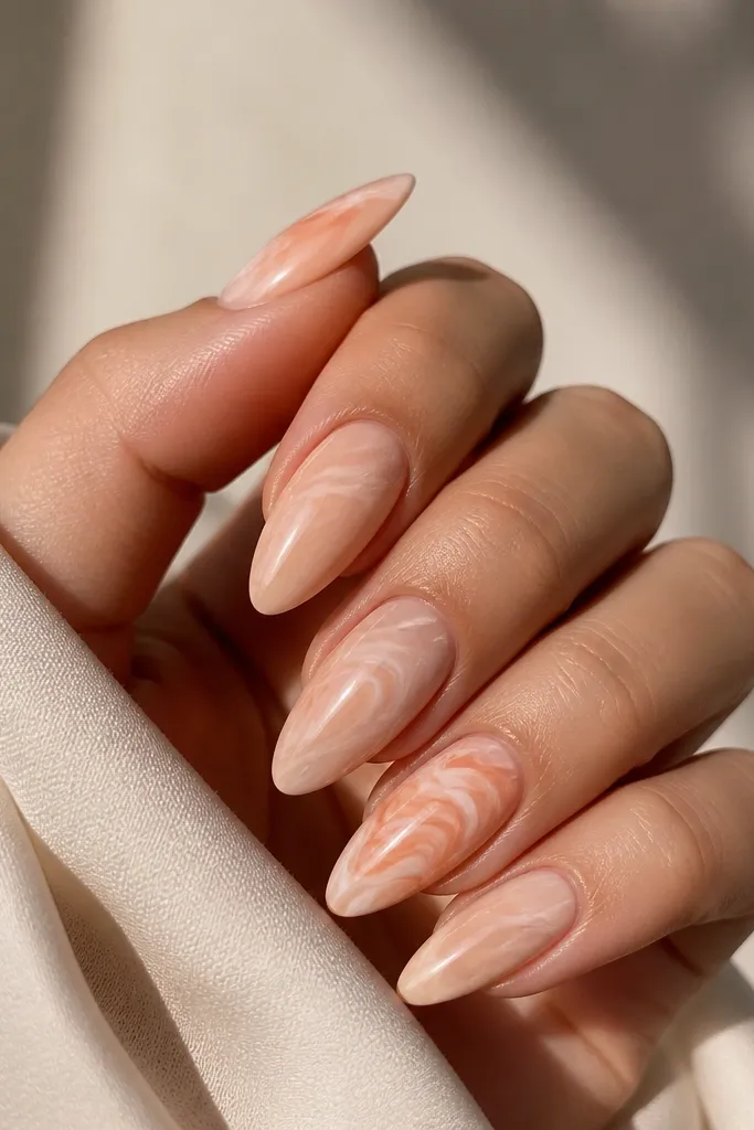 Peach and nude marbled almond nails with soft white swirl lines; one nail has slightly stronger marbling for contrast.