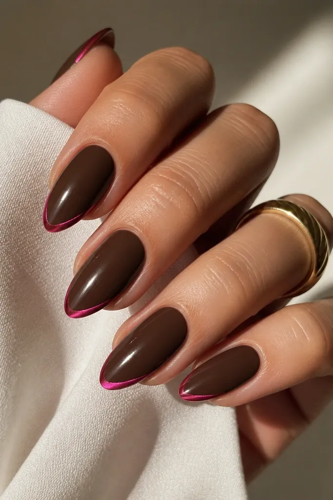 Almond nails painted glossy chocolate brown; a thin hot pink foil strip hugs the tip edge on each nail, with one nail having extra foil at the corner.