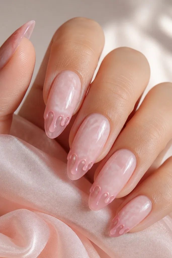 Sheer pink almond nails with subtle rose quartz marbling; the tips have a glossy pink drip effect that looks like melted candy.