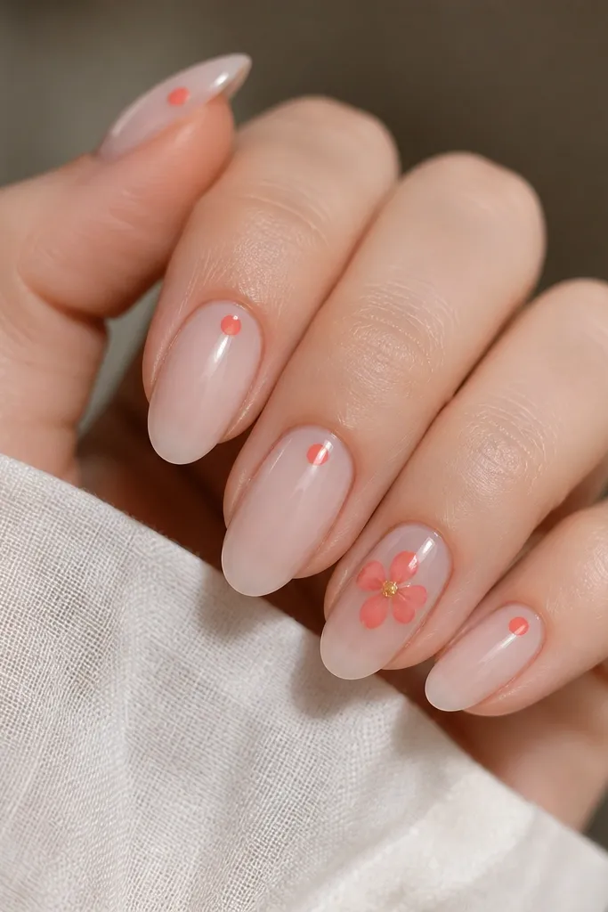 Sheer nude almond nails with a single coral flower on the ring finger: five rounded petals in coral and a tiny yellow center; other nails have a coral dot near the tip.