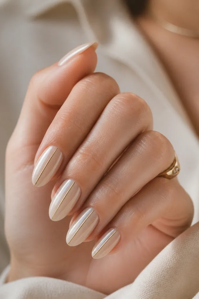 Almond nails in a sheer champagne pearl base with a thin metallic gold line running straight down the center of each nail, topped with a high-gloss finish.