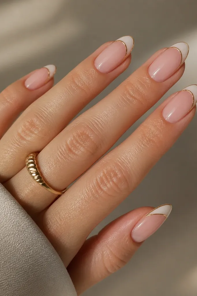 Almond nails with a soft sheer pink base, a white French tip that is translucent, and a thin gold outline just along the edge of the white tip.