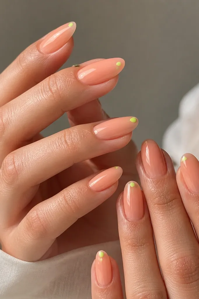 Almond nails with a glossy peach jelly base and tiny neon-lime dot accents placed near the side of the tip on alternating nails.