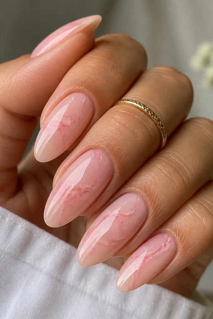 Almond nails with a rose nude base and delicate soft pink marble swirls that look like thin veins, finished with a glossy top coat.