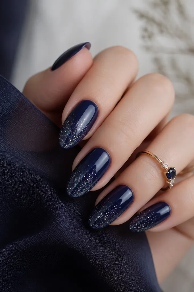 Almond nails in deep midnight navy with a glittery star dust effect concentrated at the tips, fading upward slightly, finished glossy.