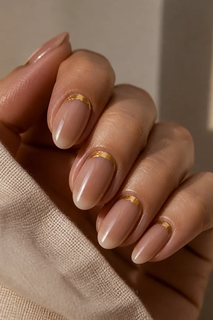 Warm nude almond nails with a glossy surface and a toasted gold foil half-moon at the cuticle area on each nail.