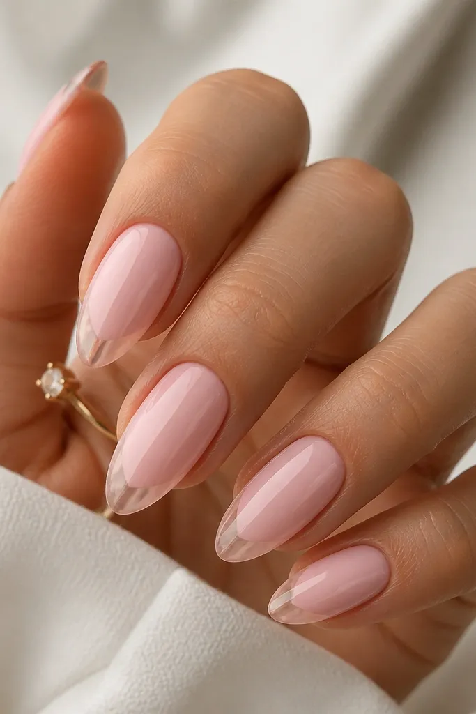Almond nails with a ballet pink base and a V-shaped clear negative space at the center of the tip, finished with glossy top coat.