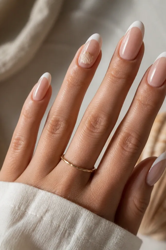 Almond nails with a nude sheer base, a crisp white tip, and a small raised shell charm on one ring finger, glossy top coat.