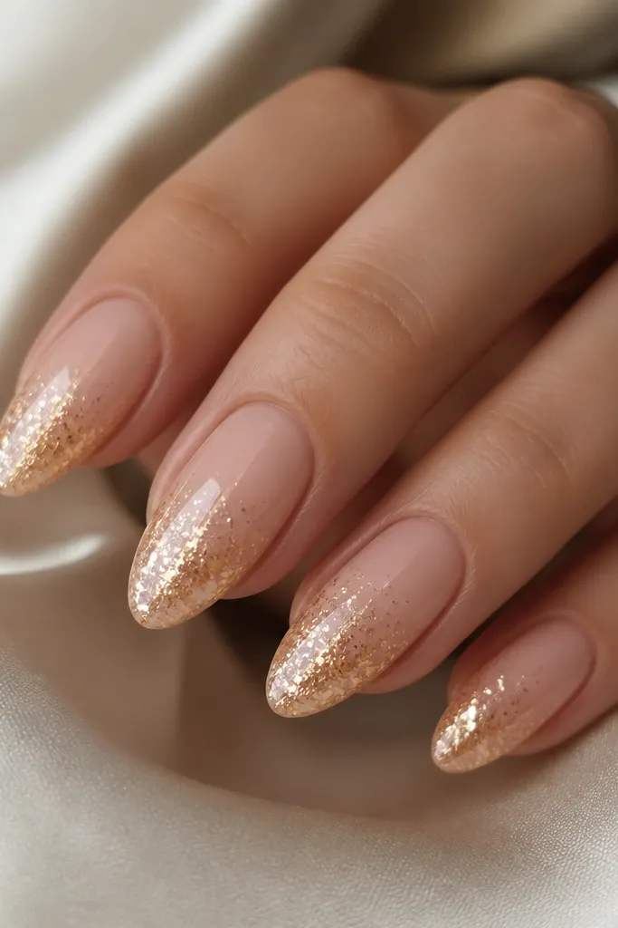 Almond nails with a nude base and a glitter fade that starts mid-nail and intensifies toward the tip, using gold foil glitter, glossy finish.