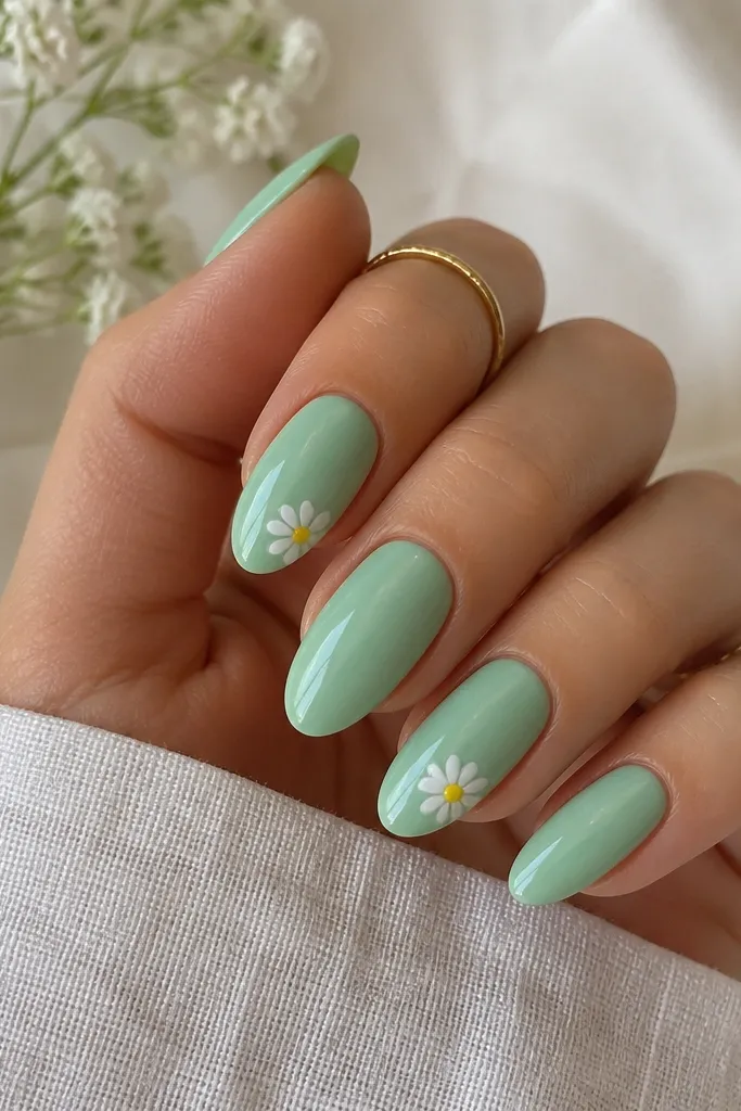 Almond nails in glossy mint green; one or two nails have a small white daisy with a tiny yellow center near the tip, glossy top coat.
