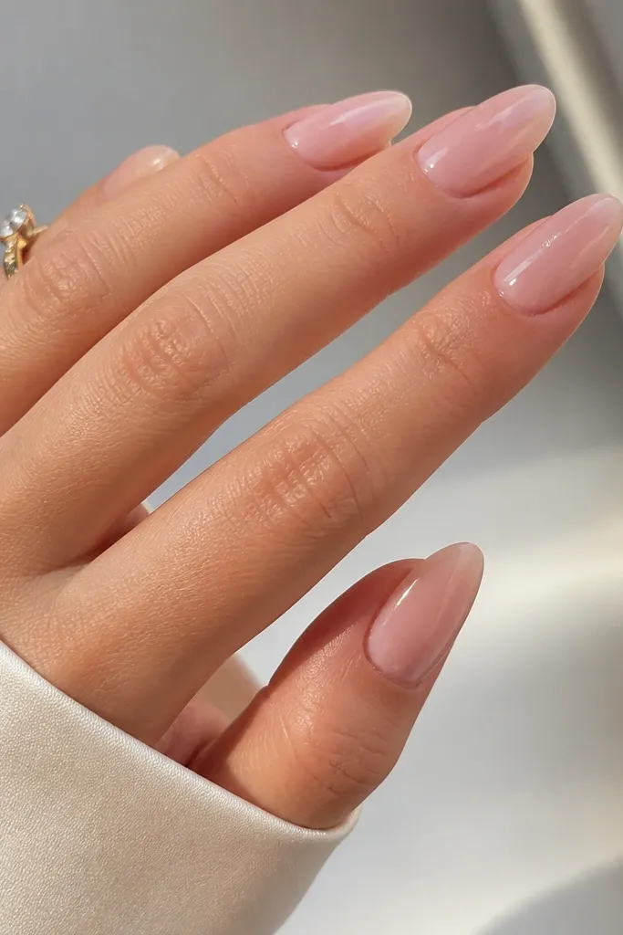 Almond nails with a glossy sheer pink base; a tiny bow made from two small clear gems sits near the cuticle on the ring finger.