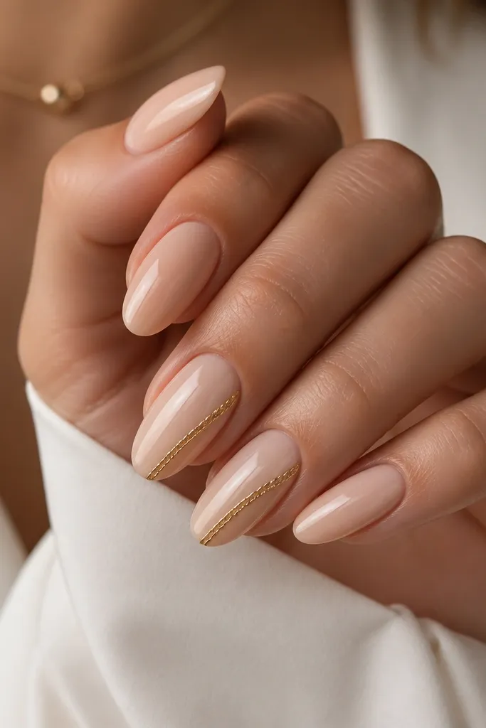 Nude almond nails with a glossy base and a thin gold braided line pattern running diagonally from mid-nail toward the tip on two accent nails.