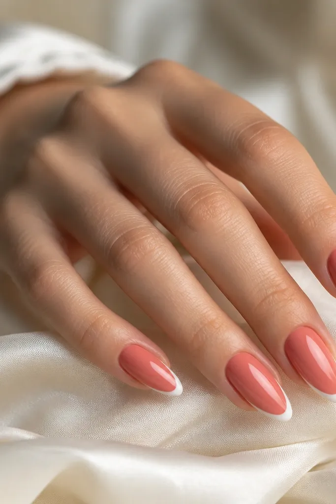 Almond nails with glossy coral rose base and a thin white highlight on each side of the tip, leaving the center tip coral.