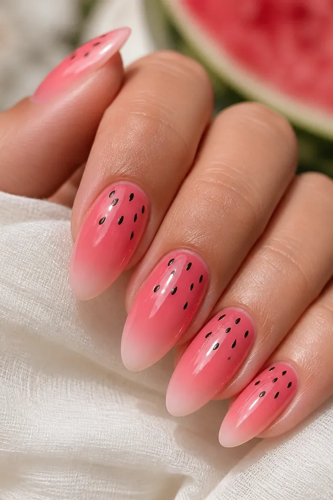 Almond nails in a glossy watermelon-pink base with a smooth pale-sorbet gradient at the tips, tiny matte black seed dots scattered across the top third, and a super clean cuticle line. The nails catch light like juice in sun, with no harsh lines between colors.