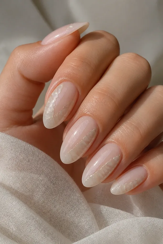 A set of almond nails in a milky nude base. The outer half of each nail has small opal-white curved arcs like shell half-moons, with a faint pearly shimmer throughout. The center stays mostly smooth and glossy.