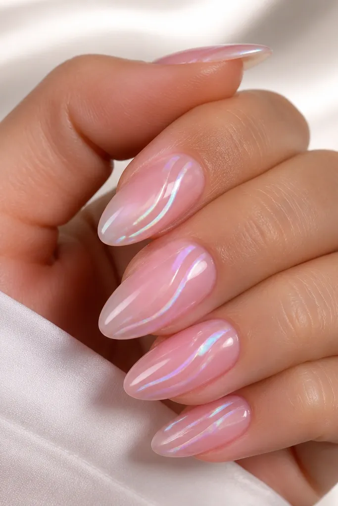 Icy pink almond nails with a translucent sheen. Each nail has thin aurora-colored shell lines (white, pale lilac, and a hint of aqua) running along the outer curve, with a glossy finish.