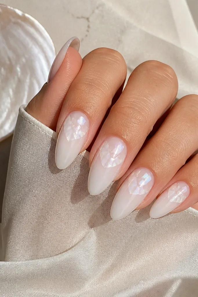 Bright white almond nails with a milky ombré on the outer half. Shell arcs in semi-translucent pearl appear within the ombré, fading toward the center and cuticle.