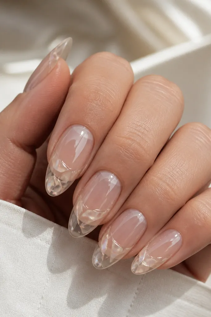 Clear glass almond nails. Thin shell arc decals sit under a glossy clear gel layer, making them look suspended in water. The arcs are pearl-white and slightly iridescent.